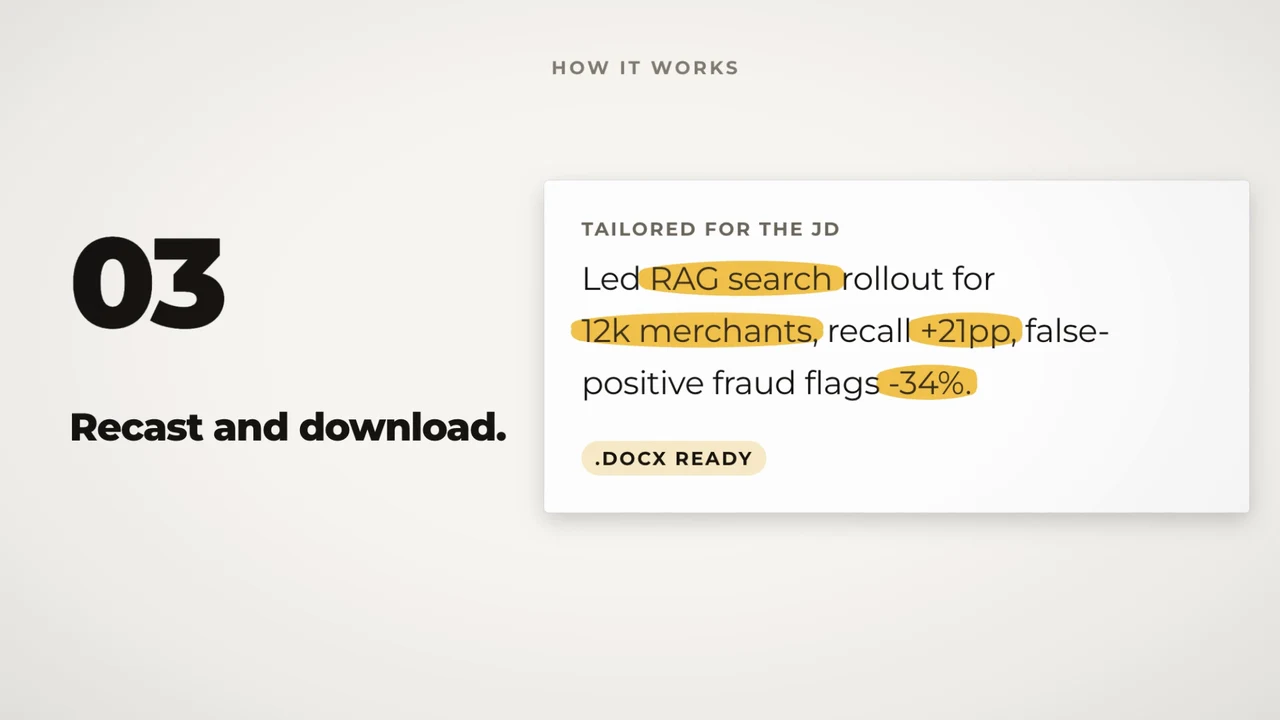The three steps as a short film: a master CV is uploaded, a job description is dropped in, and the tailored bullet comes back with its matched keywords highlighted.